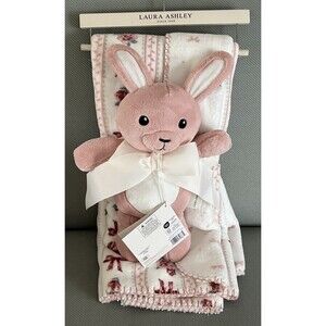Laura Ashley Roses Bows Pink Shabby Lovey Baby Blanket Plush Bunny Toy Gift Set